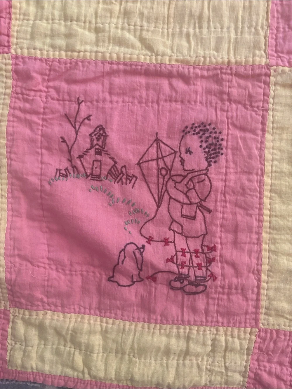 Vintage Pink and Yellow Patchwork Baby Quilt with Embroidered Design